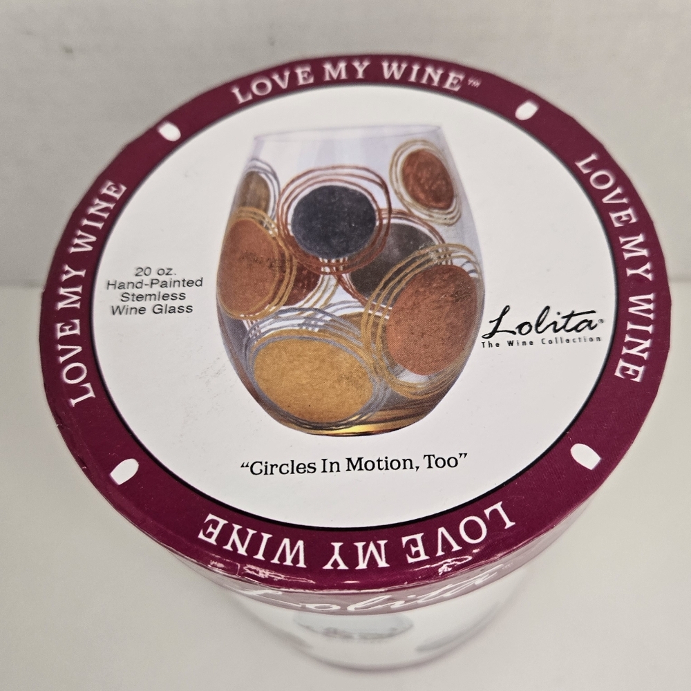 Lolita "Circles In Motion, Too" Hand‑Painted Stemless Wine Glass 20 Oz  NEW